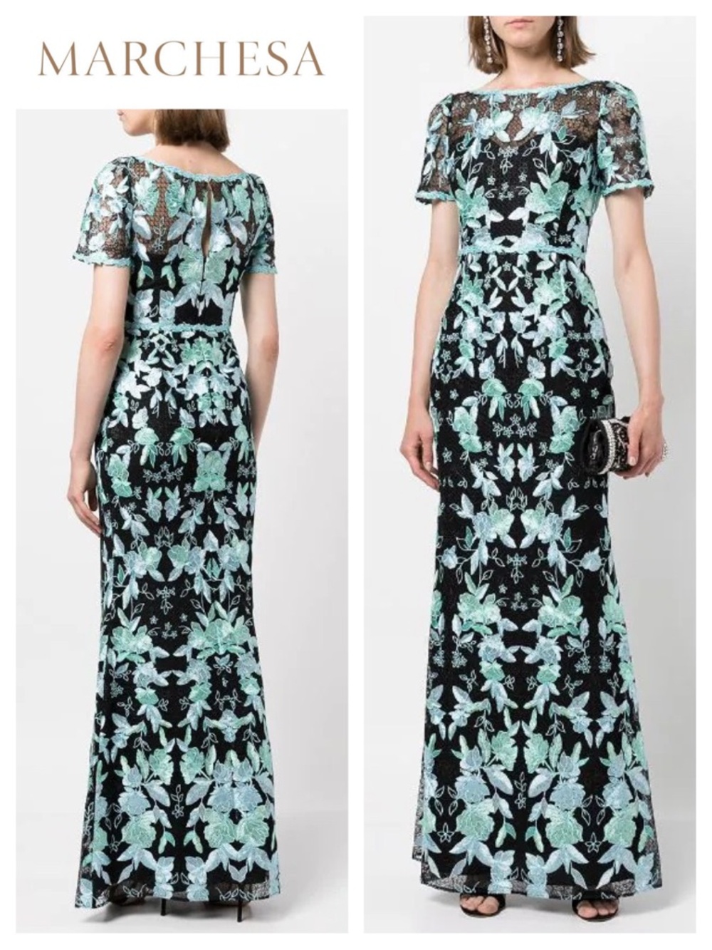 MARCHESA NOTTE Short Sleeve Embroidered Tulle Gown